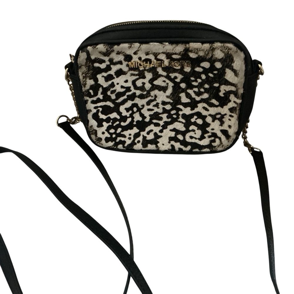 Michael Kors calf hair camera bag crossbody shoulder gold chain cheetah print